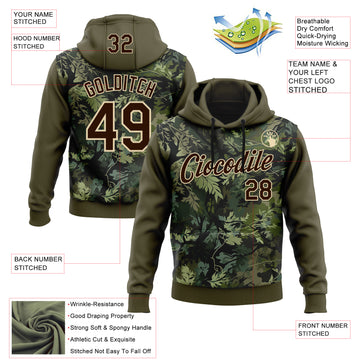 Custom Stitched Olive Brown-Cream 3D Pattern Design Tree Camo Hunting Sports Pullover Sweatshirt Salute To Service Hoodie