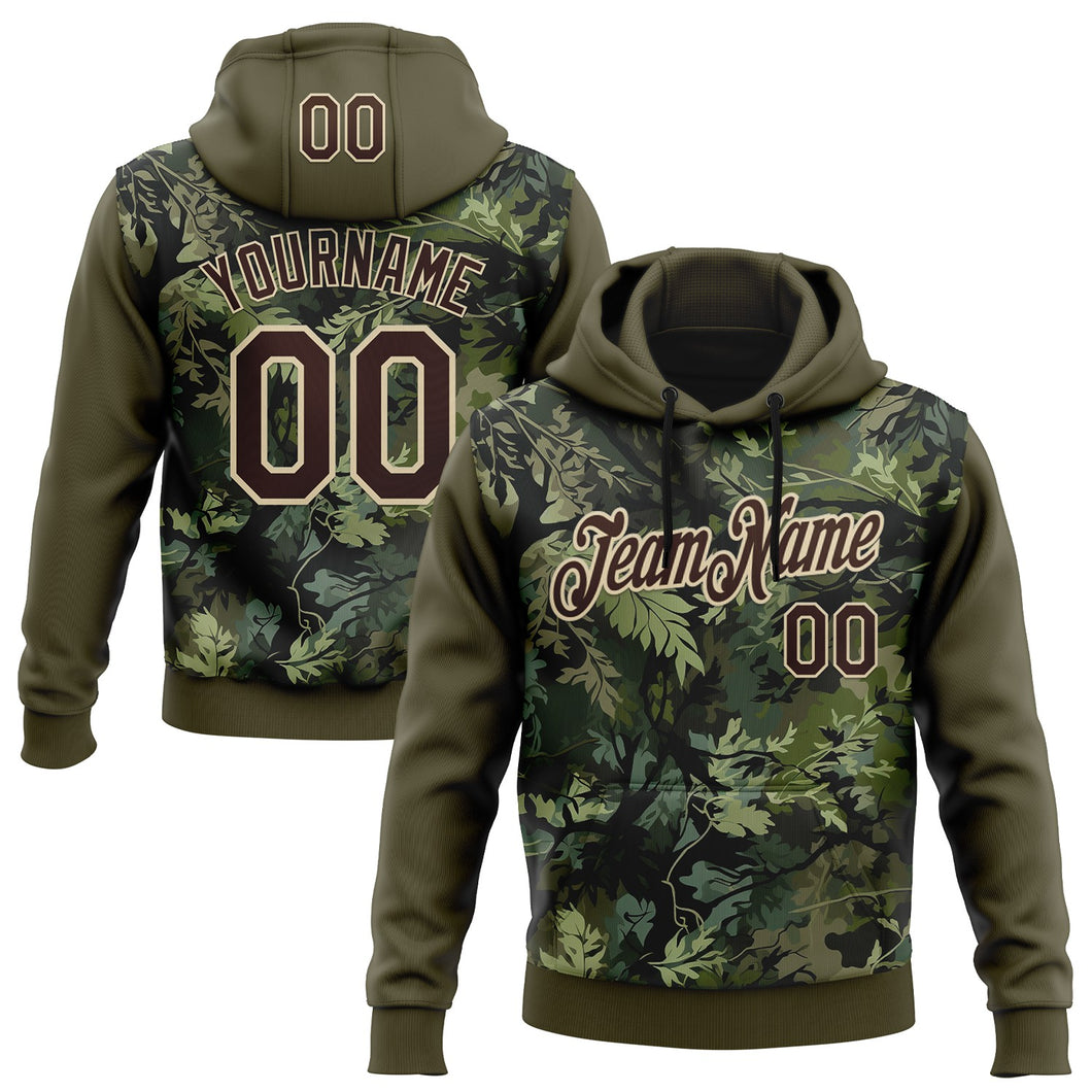 Custom Stitched Olive Brown-Cream 3D Pattern Design Tree Camo Hunting Sports Pullover Sweatshirt Salute To Service Hoodie