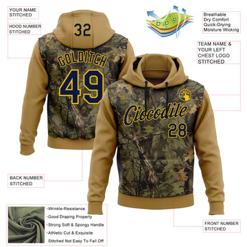 Custom Stitched Old Gold Navy-Yellow 3D Pattern Design Tree Camo Hunting Sports Pullover Sweatshirt Hoodie