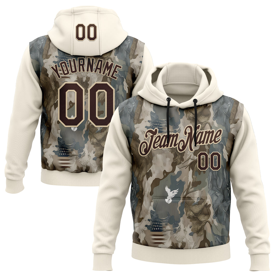 Custom Stitched Cream Brown-Cream 3D Pattern Design Tree Camo Hunting Sports Pullover Sweatshirt Hoodie