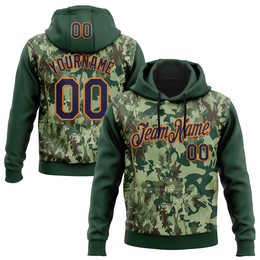 Custom Stitched Green Navy-Bay Orange 3D Pattern Design Tree Camo Hunting Sports Pullover Sweatshirt Hoodie