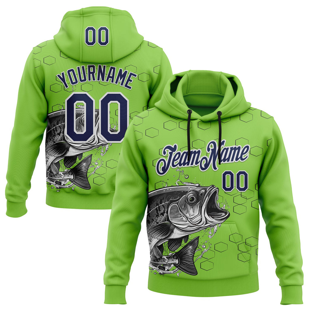 Custom Stitched Neon Green Navy Black-White 3D Pattern Design Sportswear Fishing Pullover Sweatshirt Hoodie