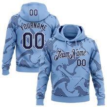 Load image into Gallery viewer, Custom Stitched Light Blue Navy-White 3D Pattern Design Curve Lines Sports Pullover Sweatshirt Hoodie
