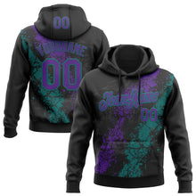 Load image into Gallery viewer, Custom Stitched Black Purple-Teal 3D Pattern Design Splash Sports Pullover Sweatshirt Hoodie
