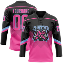 Charger l&#39;image dans la galerie, Custom Black Pink-Light Blue 3D Pattern Gradient Square Shapes Hockey Lace Neck Jersey

