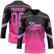 Charger l&#39;image dans la galerie, Custom Black Pink-Light Blue 3D Pattern Gradient Square Shapes Hockey Lace Neck Jersey
