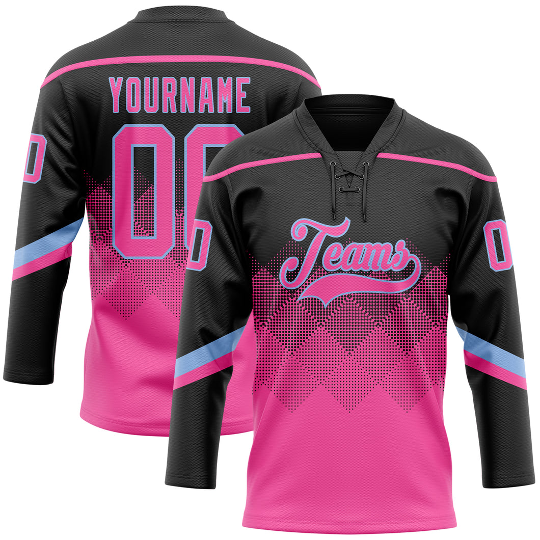 Custom Black Pink-Light Blue 3D Pattern Gradient Square Shapes Hockey Lace Neck Jersey