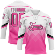 Load image into Gallery viewer, Custom Black Pink-Black 3D Pattern Gradient Square Shapes Hockey Lace Neck Jersey
