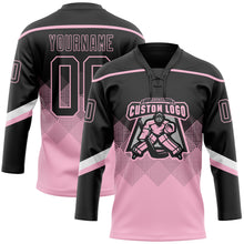 Charger l&#39;image dans la galerie, Custom Black Light Pink-White 3D Pattern Gradient Square Shapes Hockey Lace Neck Jersey
