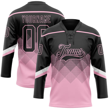 Custom Black Light Pink-White 3D Pattern Gradient Square Shapes Hockey Lace Neck Jersey