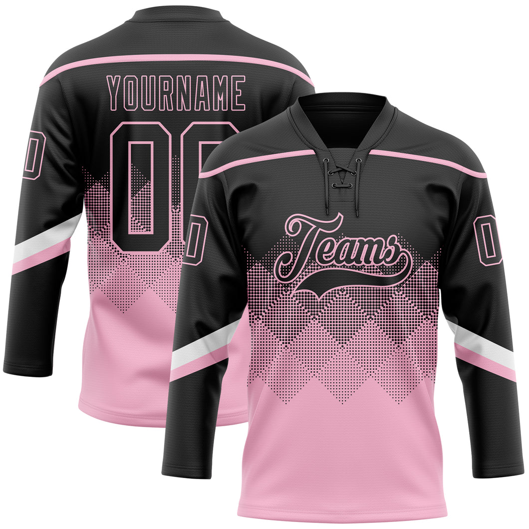 Custom Black Light Pink-White 3D Pattern Gradient Square Shapes Hockey Lace Neck Jersey