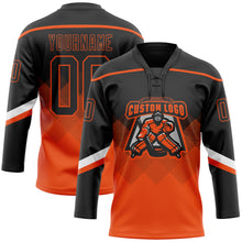 Load image into Gallery viewer, Custom Black Orange-White 3D Pattern Gradient Square Shapes Hockey Lace Neck Jersey
