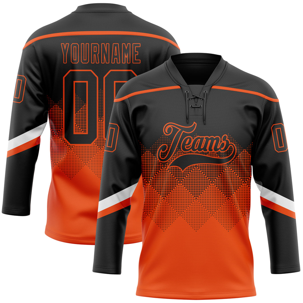 Custom Black Orange-White 3D Pattern Gradient Square Shapes Hockey Lace Neck Jersey