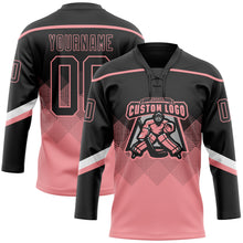 Charger l&#39;image dans la galerie, Custom Black Medium Pink-White 3D Pattern Gradient Square Shapes Hockey Lace Neck Jersey
