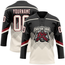 Charger l&#39;image dans la galerie, Custom Black Cream-Crimson 3D Pattern Gradient Square Shapes Hockey Lace Neck Jersey
