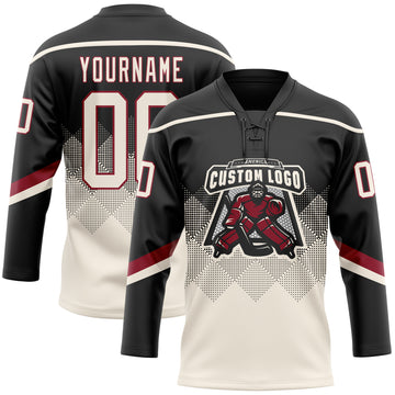 Custom Black Cream-Crimson 3D Pattern Gradient Square Shapes Hockey Lace Neck Jersey