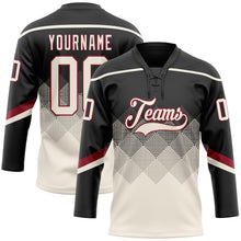 Charger l&#39;image dans la galerie, Custom Black Cream-Crimson 3D Pattern Gradient Square Shapes Hockey Lace Neck Jersey
