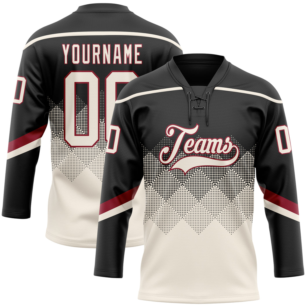 Custom Black Cream-Crimson 3D Pattern Gradient Square Shapes Hockey Lace Neck Jersey