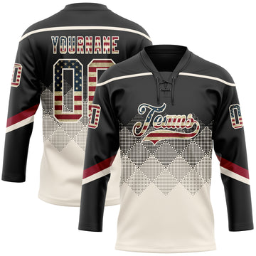 Custom Black Vintage USA Flag Cream-Crimson 3D Pattern Gradient Square Shapes Hockey Lace Neck Jersey