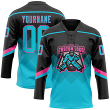 Charger l&#39;image dans la galerie, Custom Black Lakes Blue-Pink 3D Pattern Gradient Square Shapes Hockey Lace Neck Jersey
