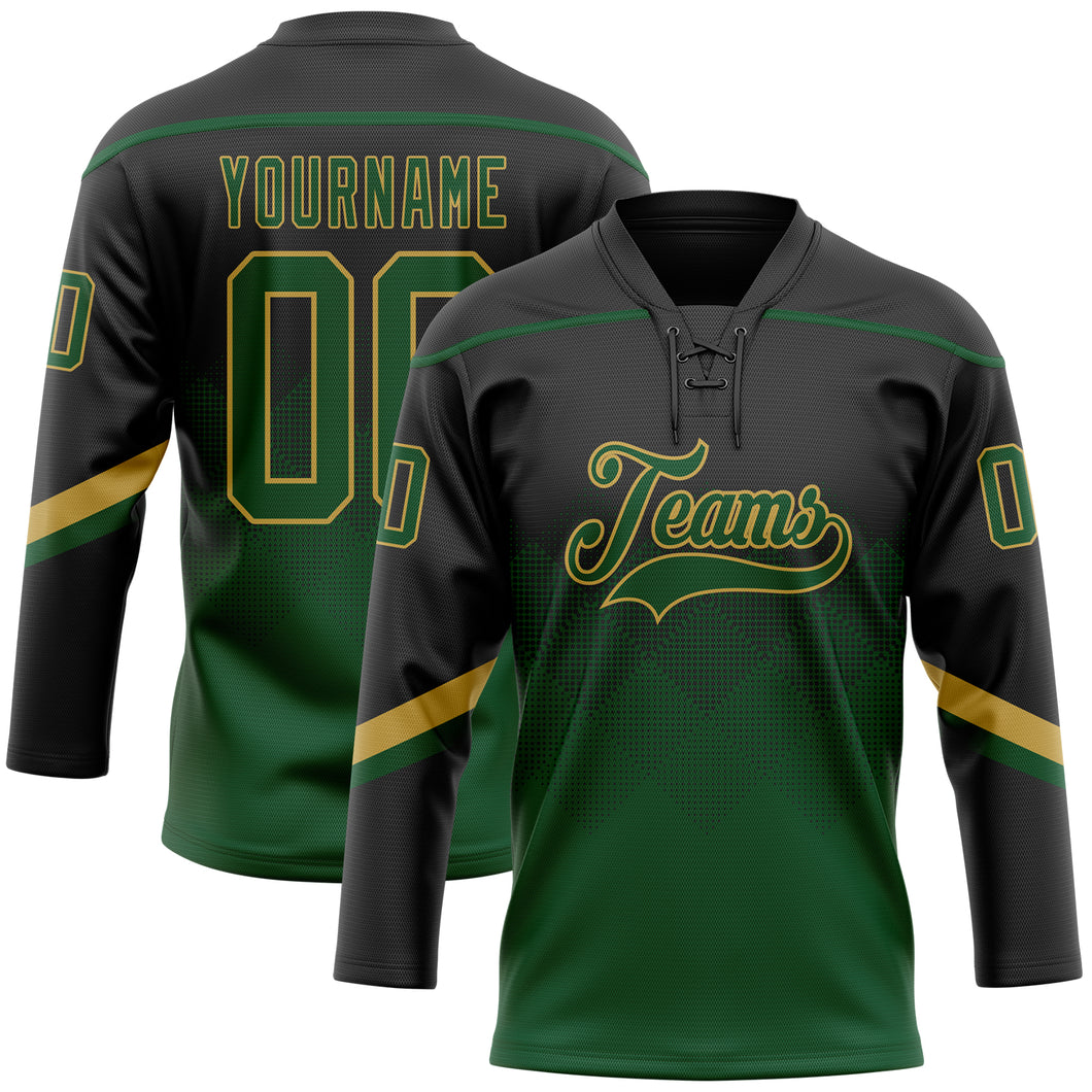 Custom Black Green-Old Gold 3D Pattern Gradient Square Shapes Hockey Lace Neck Jersey