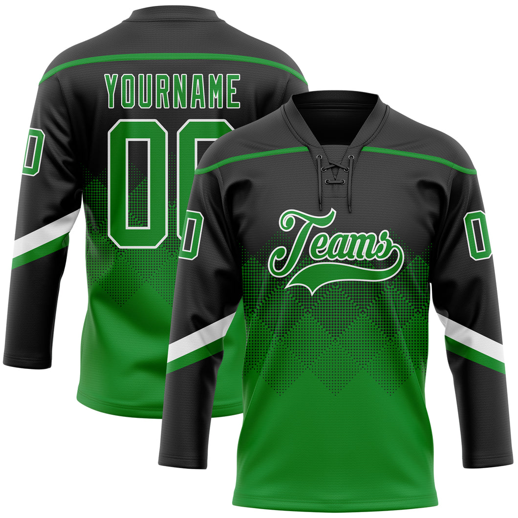 Custom Black Grass Green-White 3D Pattern Gradient Square Shapes Hockey Lace Neck Jersey