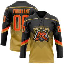 Load image into Gallery viewer, Custom Black Orange-Old Gold 3D Pattern Gradient Square Shapes Hockey Lace Neck Jersey
