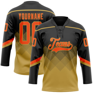 Custom Black Orange-Old Gold 3D Pattern Gradient Square Shapes Hockey Lace Neck Jersey