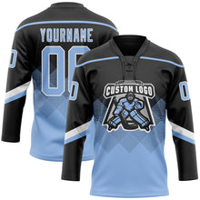 Load image into Gallery viewer, Custom Black Light Blue-White 3D Pattern Gradient Square Shapes Hockey Lace Neck Jersey
