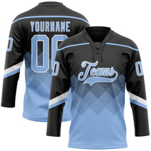 Load image into Gallery viewer, Custom Black Light Blue-White 3D Pattern Gradient Square Shapes Hockey Lace Neck Jersey

