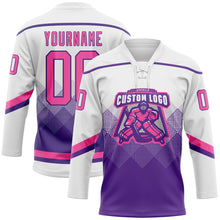 Charger l&#39;image dans la galerie, Custom White Pink-Purple 3D Pattern Gradient Square Shapes Hockey Lace Neck Jersey
