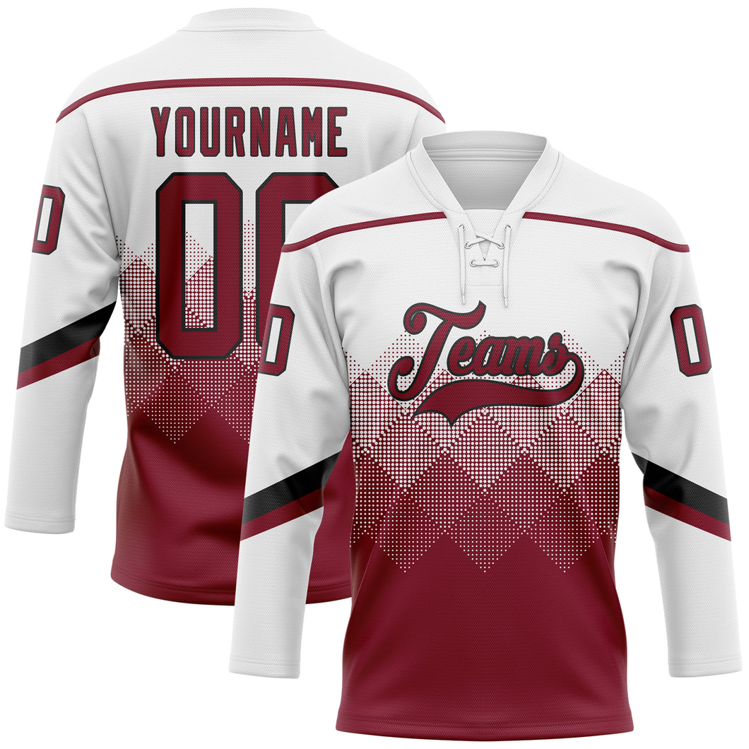 Custom White Crimson-Black 3D Pattern Gradient Square Shapes Hockey Lace Neck Jersey
