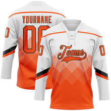 Load image into Gallery viewer, Custom White Orange-Black 3D Pattern Gradient Square Shapes Hockey Lace Neck Jersey

