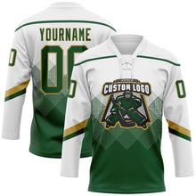 Charger l&#39;image dans la galerie, Custom White Green-Old Gold 3D Pattern Gradient Square Shapes Hockey Lace Neck Jersey
