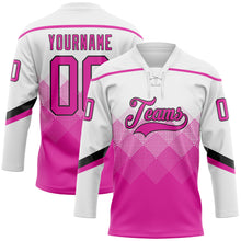 Charger l&#39;image dans la galerie, Custom White Deep Pink-Black 3D Pattern Gradient Square Shapes Hockey Lace Neck Jersey
