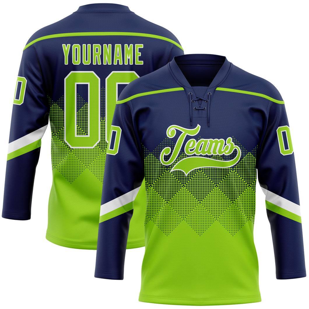 Custom Navy Neon Green-White 3D Pattern Gradient Square Shapes Hockey Lace Neck Jersey