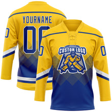 Load image into Gallery viewer, Custom Yellow Royal-White 3D Pattern Gradient Square Shapes Hockey Lace Neck Jersey
