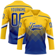 Load image into Gallery viewer, Custom Yellow Royal-White 3D Pattern Gradient Square Shapes Hockey Lace Neck Jersey
