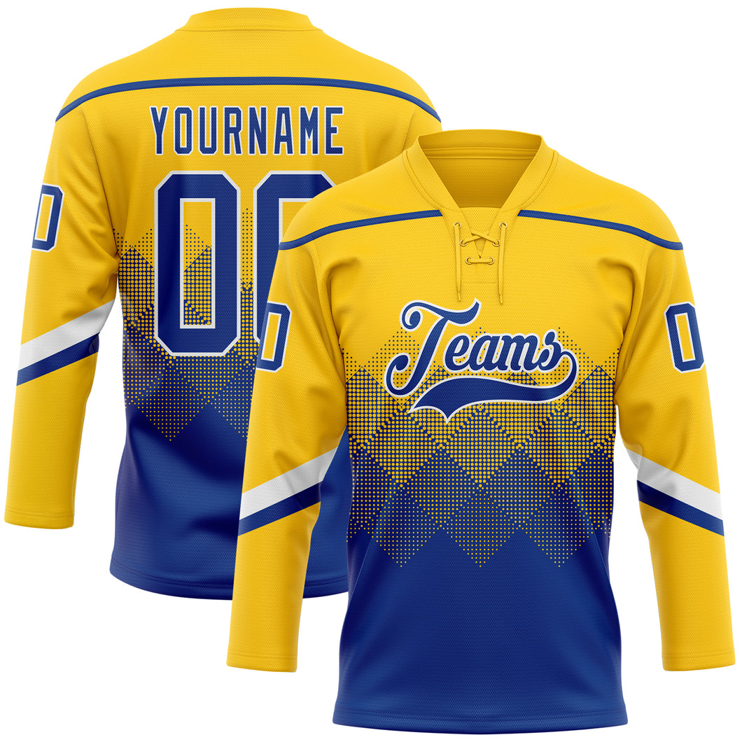 Custom Yellow Royal-White 3D Pattern Gradient Square Shapes Hockey Lace Neck Jersey