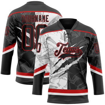 Custom Black White-Red 3D Pattern Gradient Fashion Scratch Hockey Lace Neck Jersey