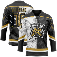 Charger l&#39;image dans la galerie, Custom Black White-Old Gold 3D Pattern Gradient Fashion Scratch Hockey Lace Neck Jersey

