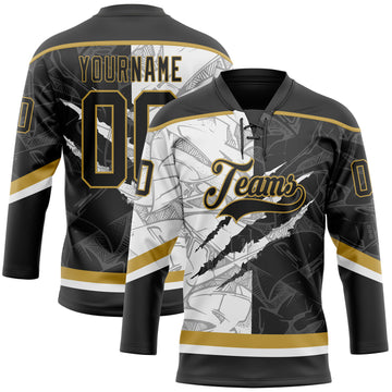 Custom Black White-Old Gold 3D Pattern Gradient Fashion Scratch Hockey Lace Neck Jersey