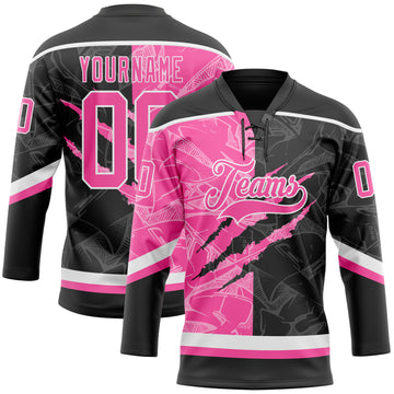 Custom Black Pink-White 3D Pattern Gradient Fashion Scratch Hockey Lace Neck Jersey