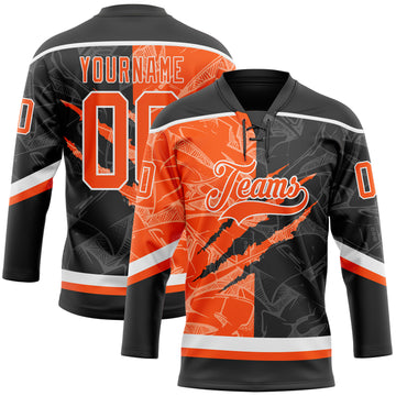 Custom Black Orange-White 3D Pattern Gradient Fashion Scratch Hockey Lace Neck Jersey