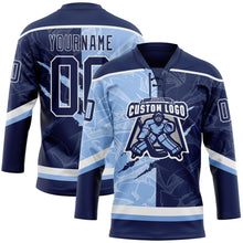 Charger l&#39;image dans la galerie, Custom Navy Light Blue-White 3D Pattern Gradient Fashion Scratch Hockey Lace Neck Jersey
