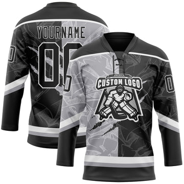 Custom Black Gray-White 3D Pattern Gradient Fashion Scratch Hockey Lace Neck Jersey