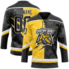 Load image into Gallery viewer, Custom Black Yellow-White 3D Pattern Gradient Fashion Scratch Hockey Lace Neck Jersey
