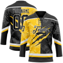 Load image into Gallery viewer, Custom Black Yellow-White 3D Pattern Gradient Fashion Scratch Hockey Lace Neck Jersey
