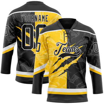 Custom Black Yellow-White 3D Pattern Gradient Fashion Scratch Hockey Lace Neck Jersey