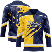Load image into Gallery viewer, Custom Navy Yellow-White 3D Pattern Gradient Fashion Scratch Hockey Lace Neck Jersey
